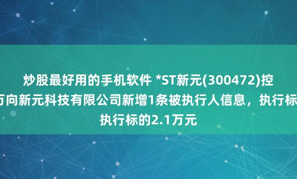 炒股最好用的手机软件 *ST新元(300472)控股的北京万向新元科技有限公司新增1条被执行人信息，执行标的2.1万元